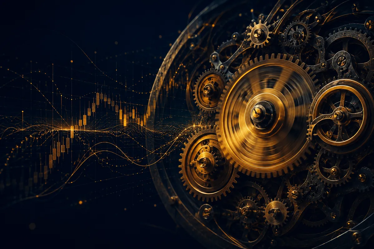 Exposed brass and amber clockwork gears meshing, one blurred mid-rotation