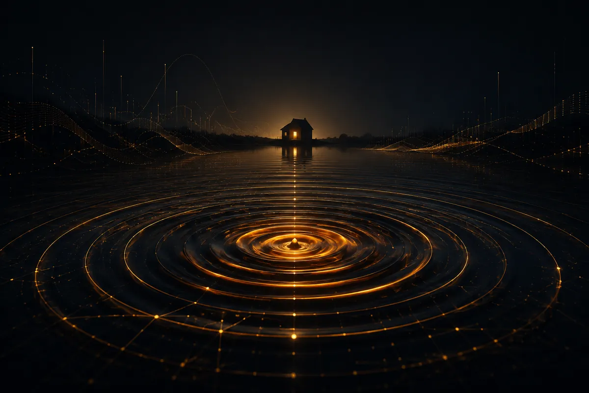 Concentric ripples spreading across a dark surface toward the silhouette of a distant house