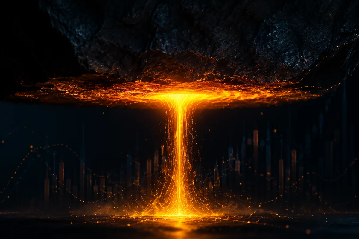 A column of molten amber light rising and spreading sideways where an immense dark stone slab stops it flat