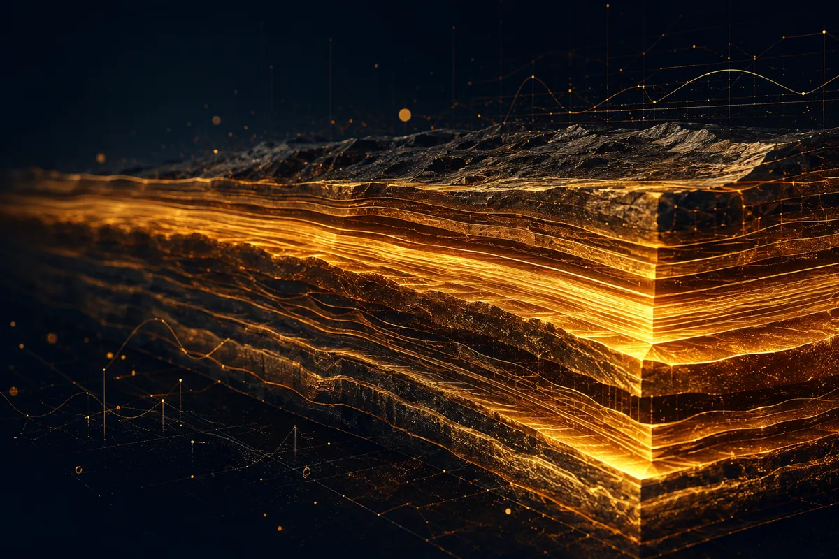 Glowing amber geological strata stacked in layers, representing debt accumulated across centuries