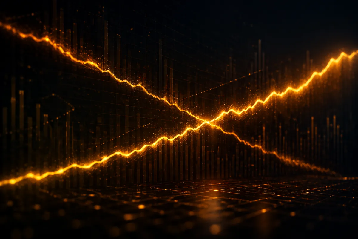 Two amber lines crossing over a dark grid — one descending from the left, the other still climbing to the right